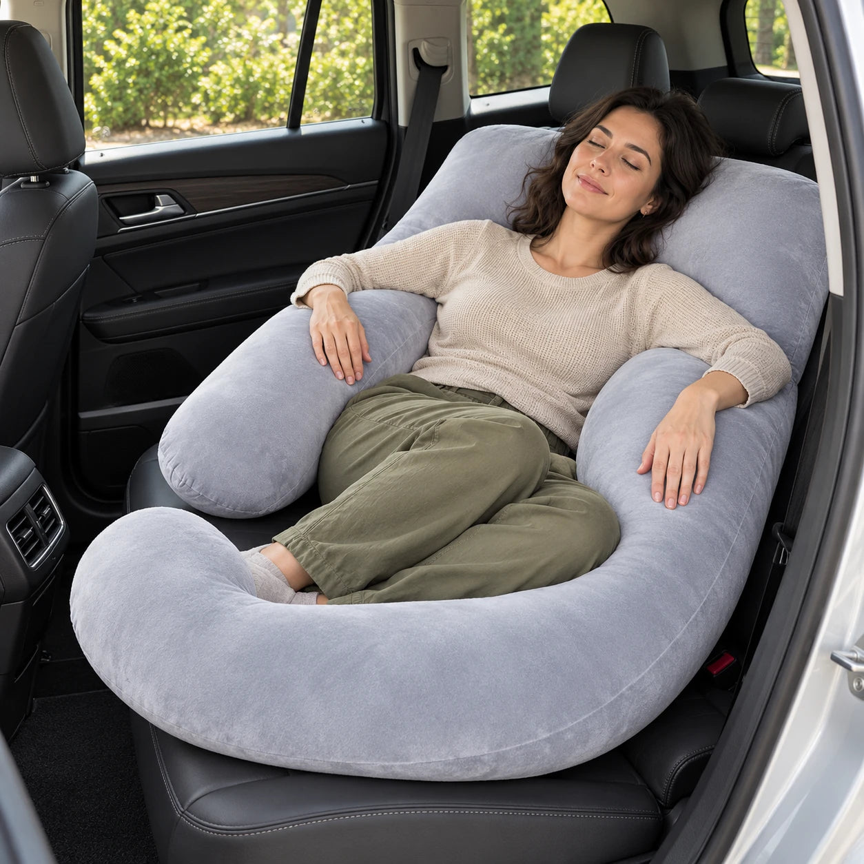 Cuddlebit body pillow in Light Gray — in the car
